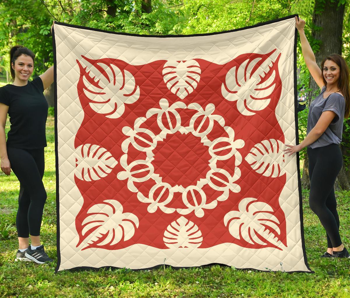 Hawaiian Turtle Coconut Pattern Premium Quilt - Red - Argu Style - AH Red - Polynesian Pride