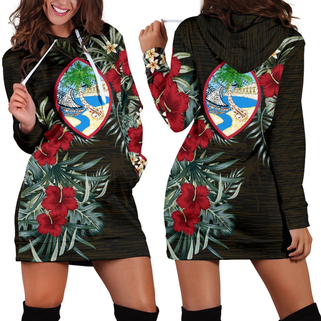 Guam Hoodie Dress - Guam Coat Of Arms Hibiscus Black - Polynesian Pride