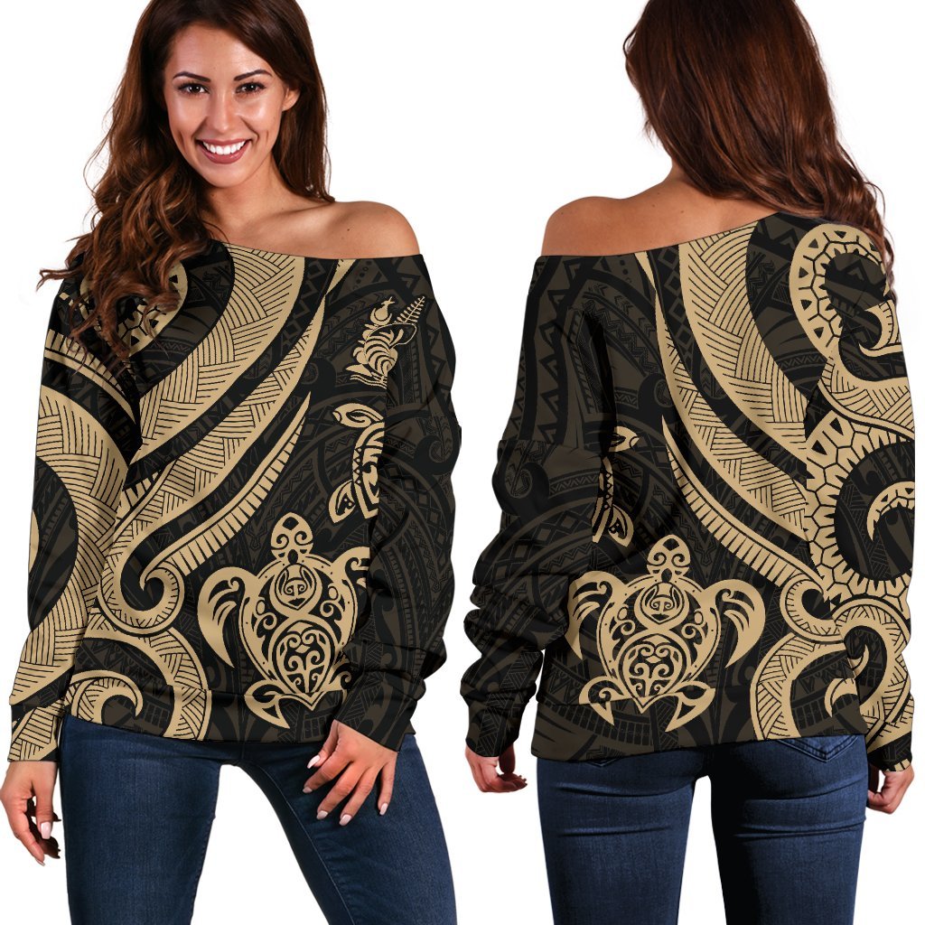 New Caledonia Women's Off Shoulder Sweater - Gold Tentacle Turtle Gold - Polynesian Pride