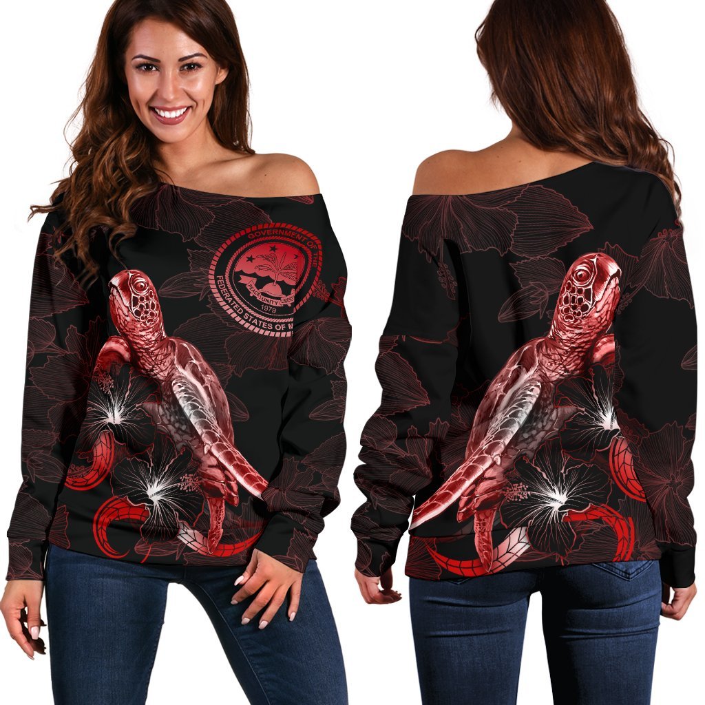 Federated States of Micronesia Polynesian Women's Off Shoulder Sweater - Turtle With Blooming Hibiscus Red Red - Polynesian Pride
