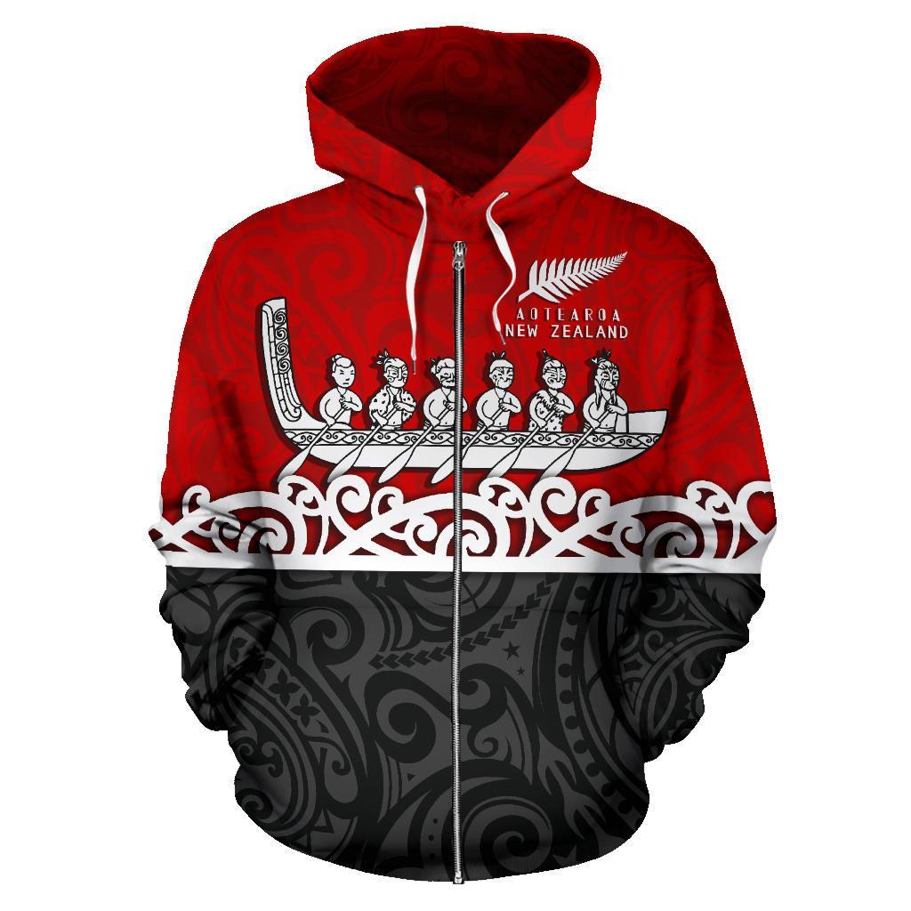 New Zealand Zip up Hoodie, Maori Waka Zipper Hoodie Red Unisex Black - Polynesian Pride