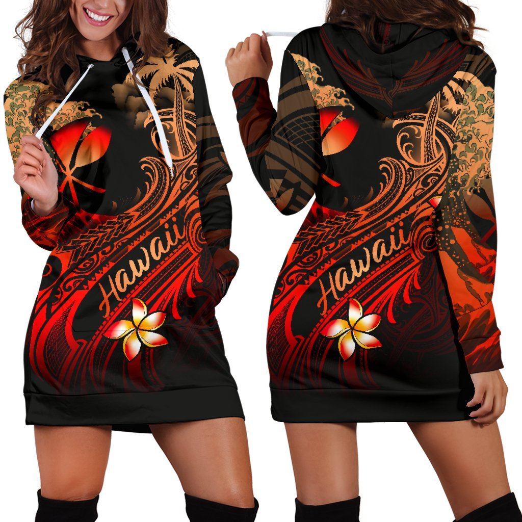 Hawaii Polynesian Hoodie Dress - Plumeria Flowers And Waves Red - Polynesian Pride