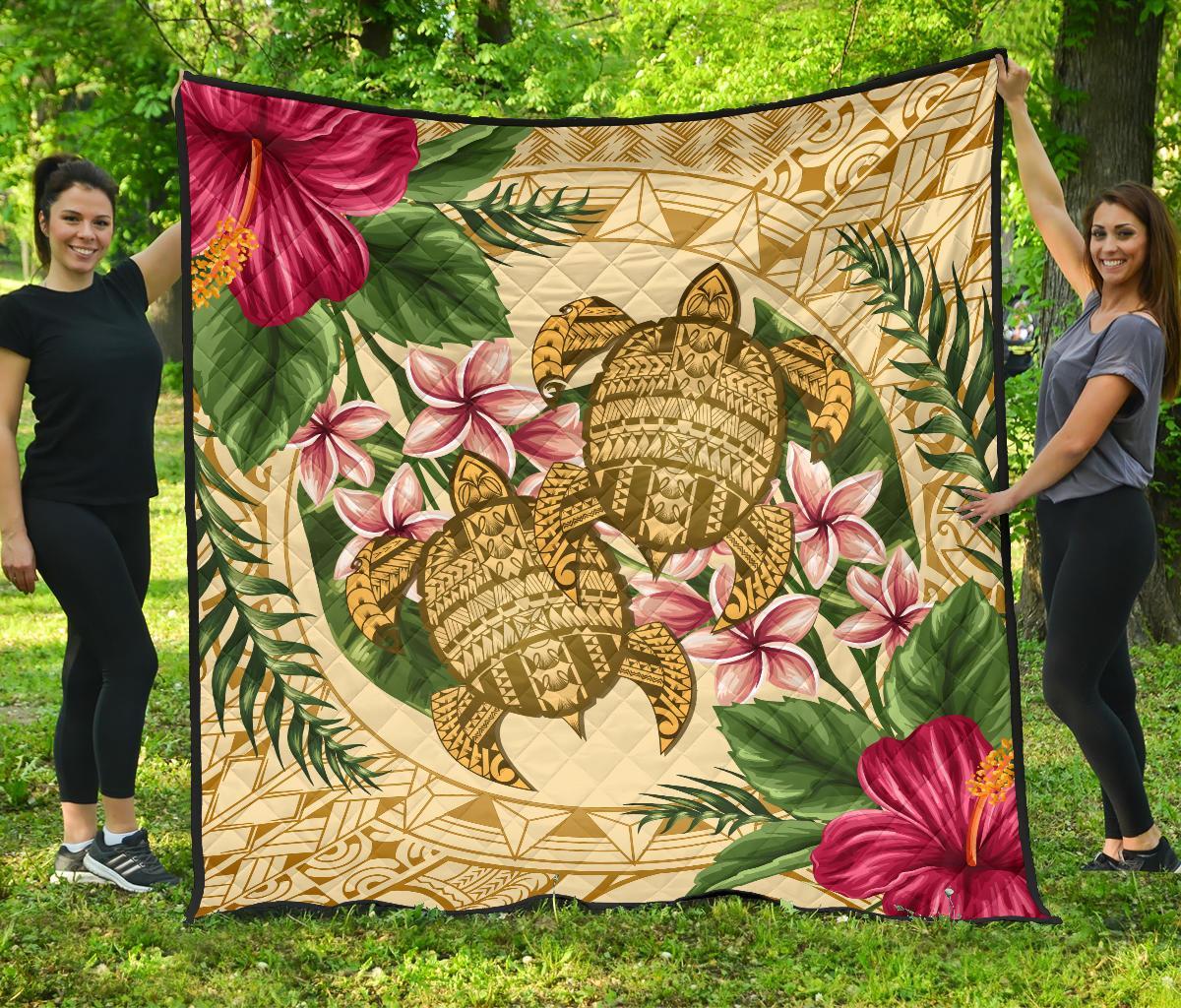 Hawaii Premium Quilt - Turtle Strong Pattern Hibiscus Plumeria AH Gold - Polynesian Pride