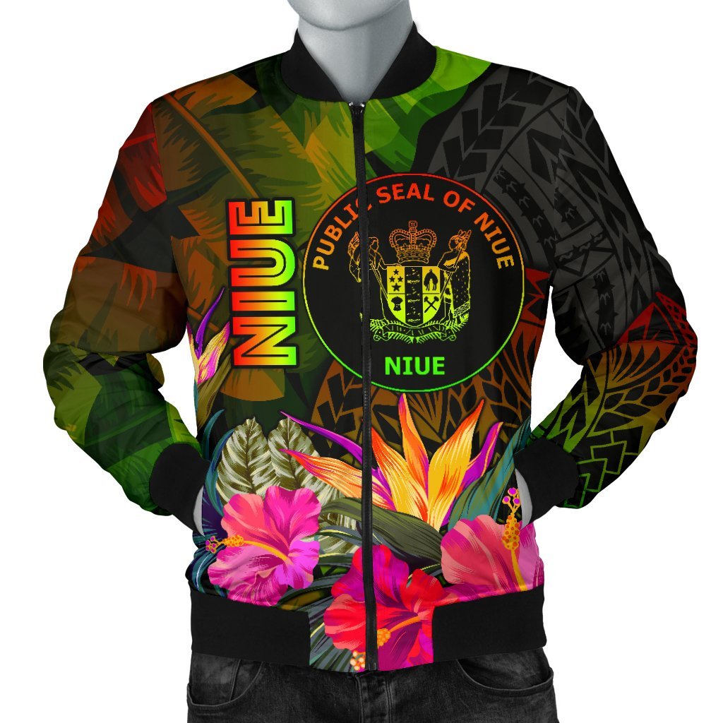 Niue Polynesian Men's Bomber Jacket - Hibiscus and Banana Leaves Reggae - Polynesian Pride