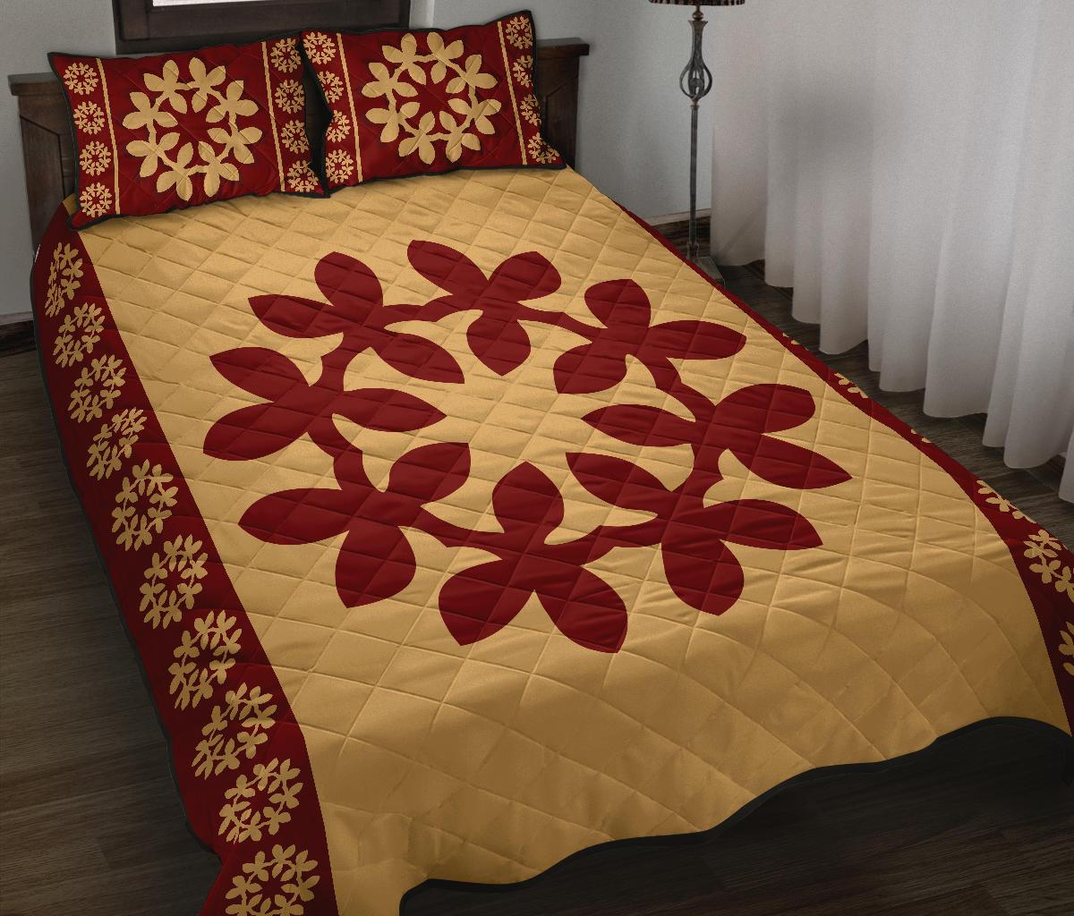 Hawaiian Quilt Pattern Plumeria Dreamcatcher Quilt Bed Set Gold - Polynesian Pride