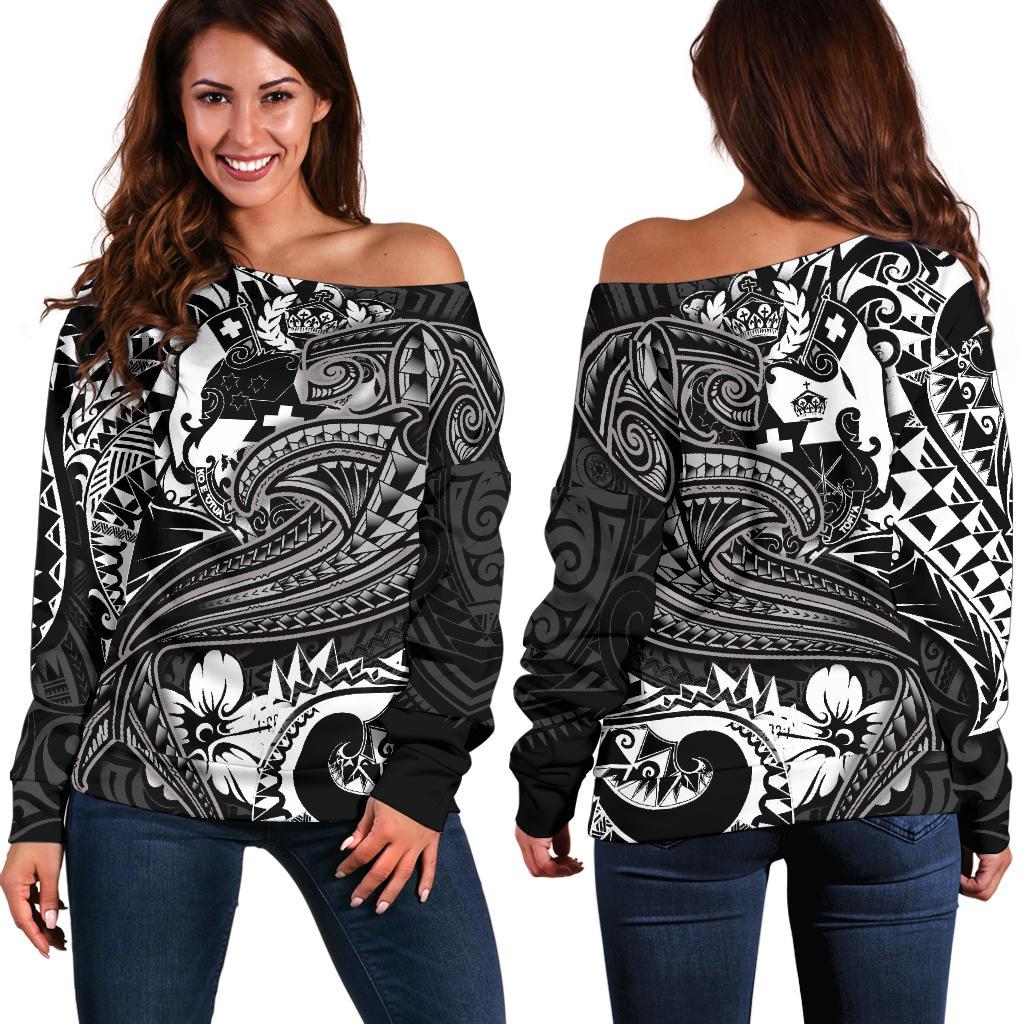 Tonga Women's Off shoulder Sweater - White Shark Polynesian Tattoo White - Polynesian Pride