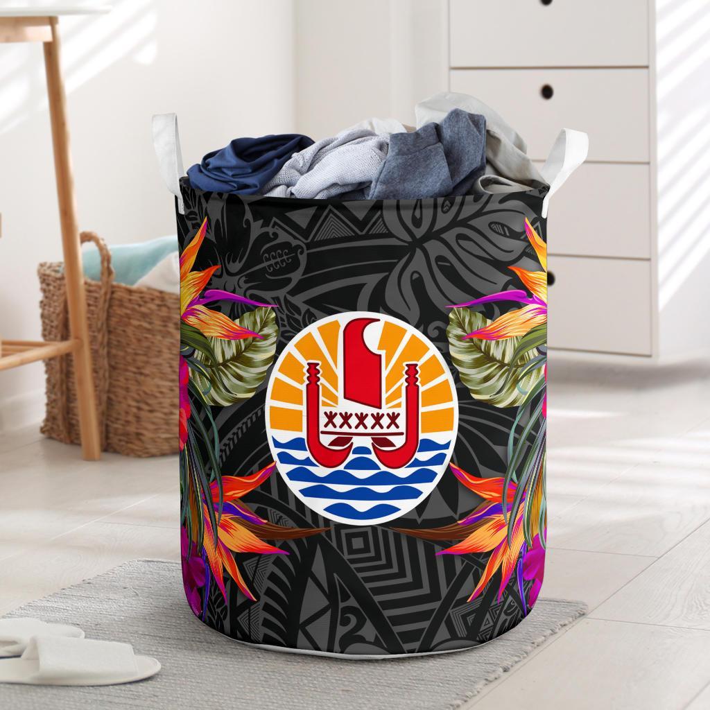 French Polynesia Laundry Basket Hibiscus Polynesian Pattern Laundry Basket One Size Black - Polynesian Pride