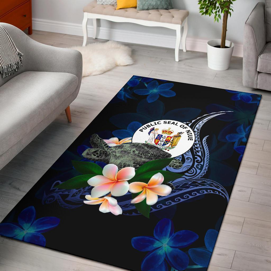 Niue Polynesian Area Rug - Turtle With Plumeria Flowers Blue - Polynesian Pride