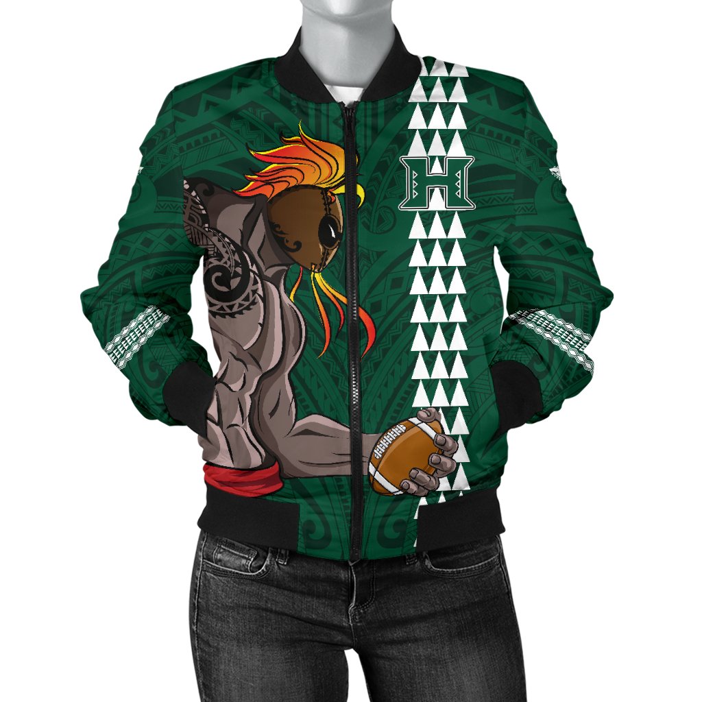 Hawaii Warrior Helmet Football Green Kakau Women's Bomber Jacket Green - Polynesian Pride