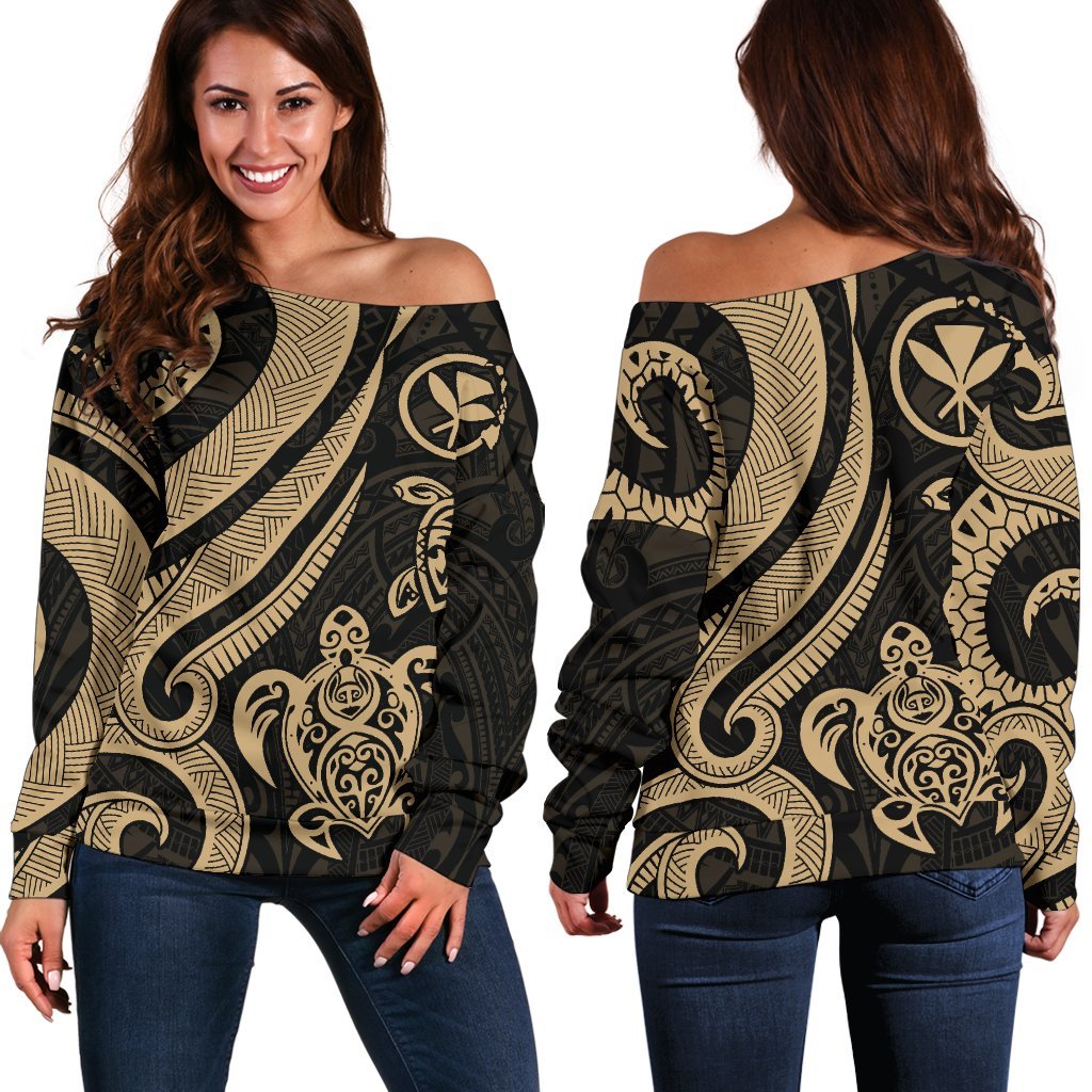 Hawaii Women Off Should Sweater - Gold Tentacle Turtle Gold - Polynesian Pride