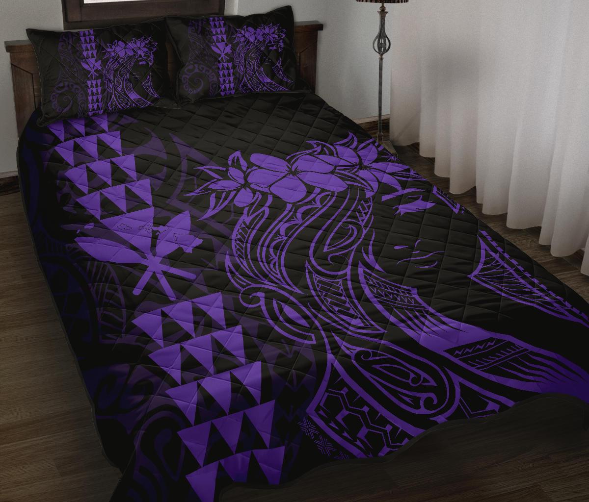 Hawaii Map Kanaka Polynesian Hula Girl Quilt Bed Set - Purple Art - Polynesian Pride