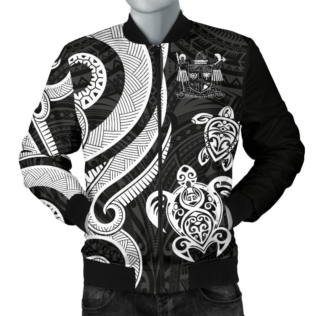 Fiji Polynesian Men Bomber Jacket - White Tentacle Turtle Crest White - Polynesian Pride