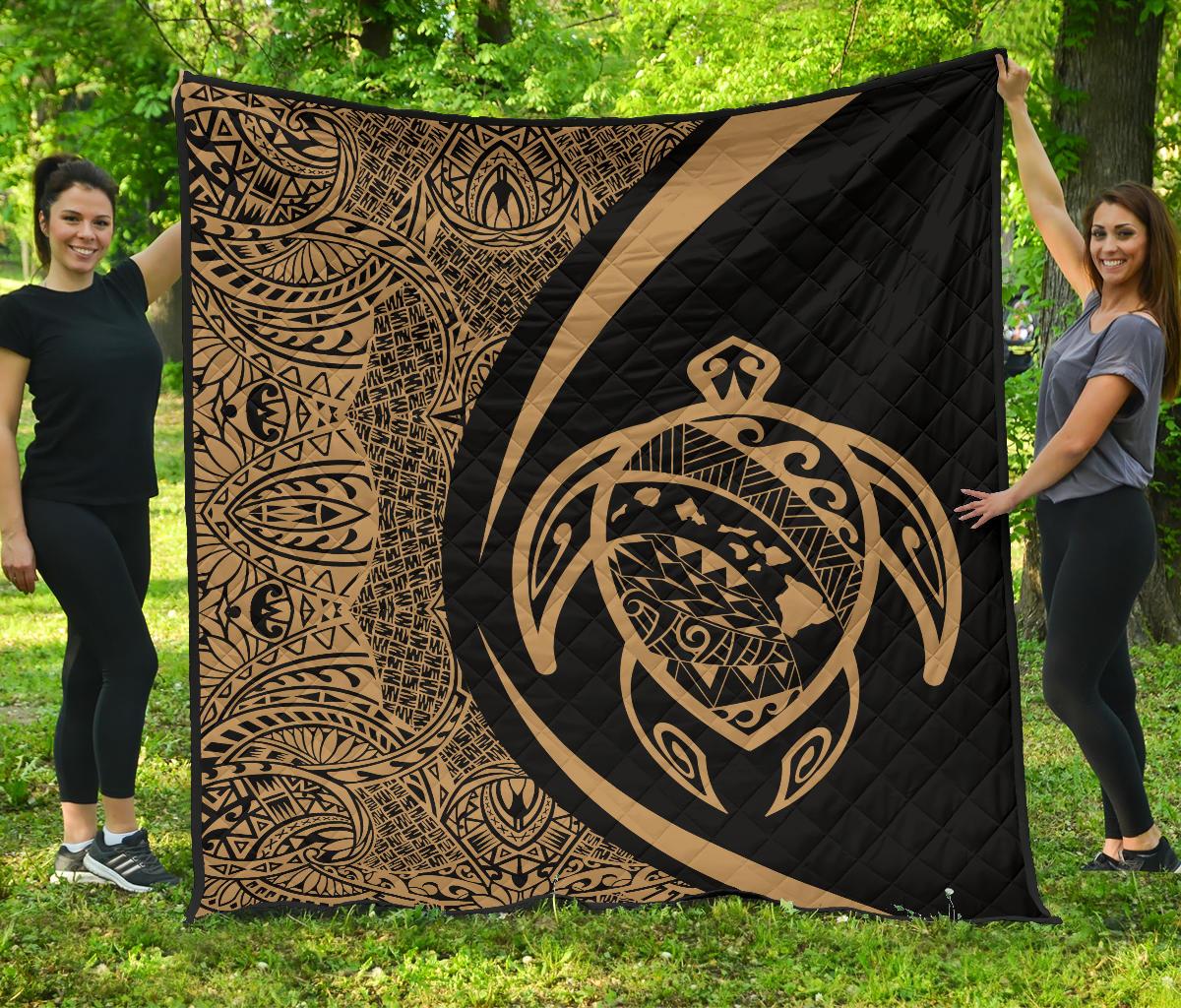 Hawaii Turtle Map Polynesian Premium Quilt - Gold - Circle Style Gold - Polynesian Pride