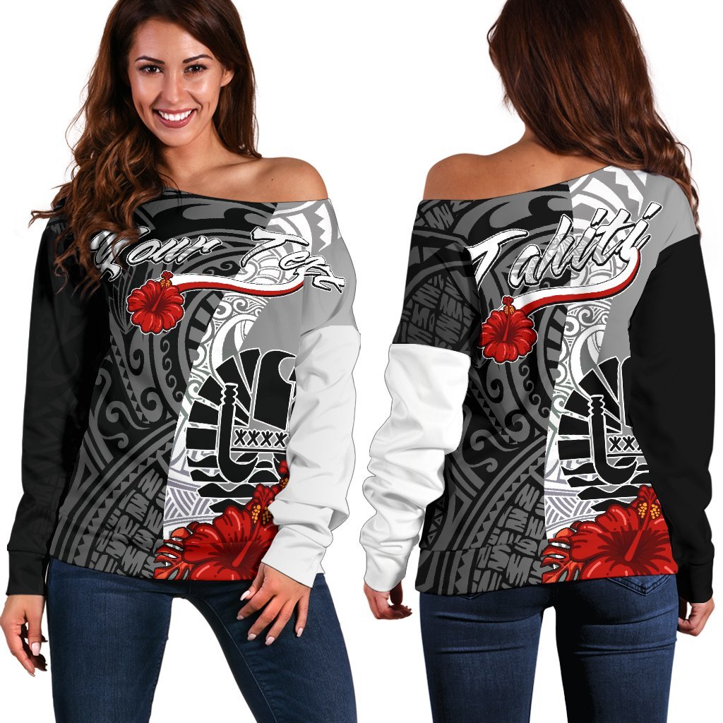 Tahiti Polynesian Custom Personalised Women's Off Shoulder Sweater - Coat Of Arm With Hibiscus White Black - Polynesian Pride