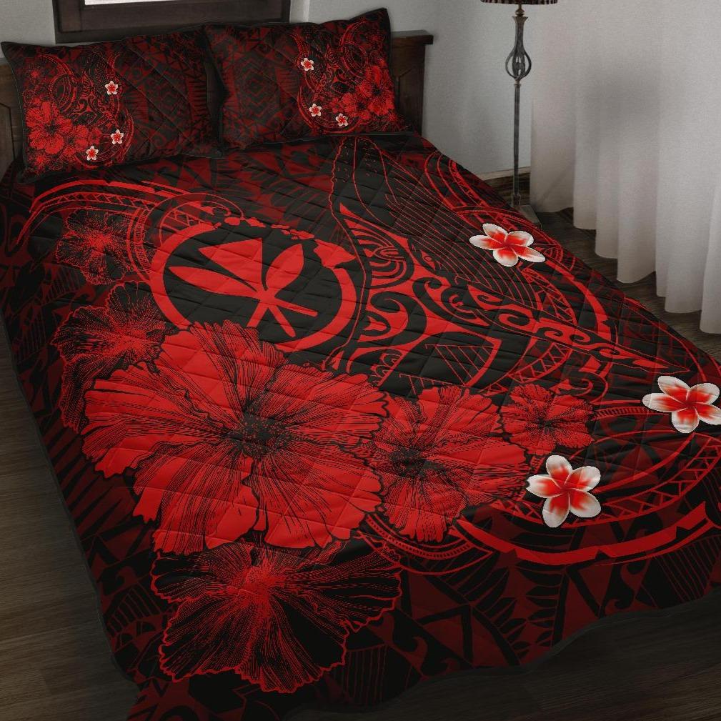 Polynesian Hawaii Kanaka Maoli Quilt Bed Set - Humpback Whale with Hibiscus (Red) Red - Polynesian Pride