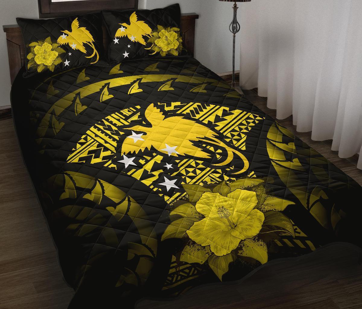 Papua New Guinea Polynesian Quilt Bed Set Hibiscus Yellow Black - Polynesian Pride