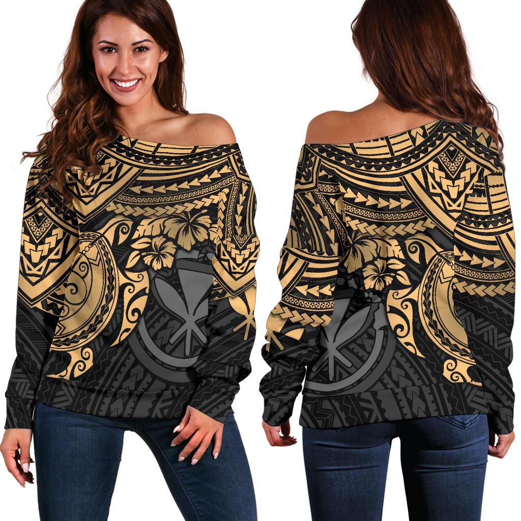 Polynesian Hawaii Women's Off Shoulder Sweater - Gold Turtle Gold - Polynesian Pride