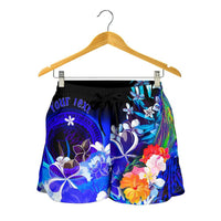 CNMI Custom Personalised Women's Shorts - Humpback Whale with Tropical Flowers (Blue) - Polynesian Pride