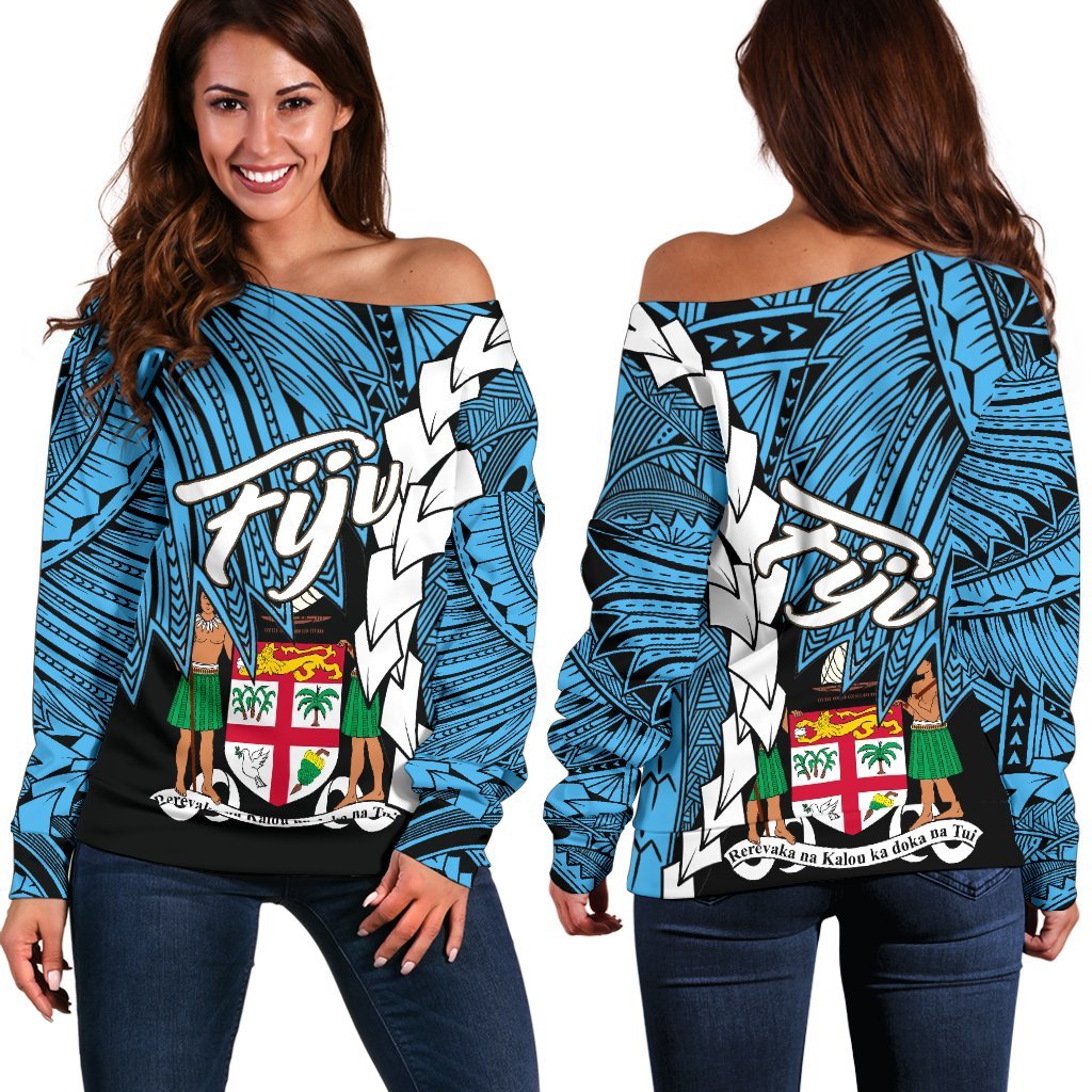 Fiji Polynesian Women's Off Shoulder Sweater - Tribal Wave Tattoo Flag Style Blue - Polynesian Pride