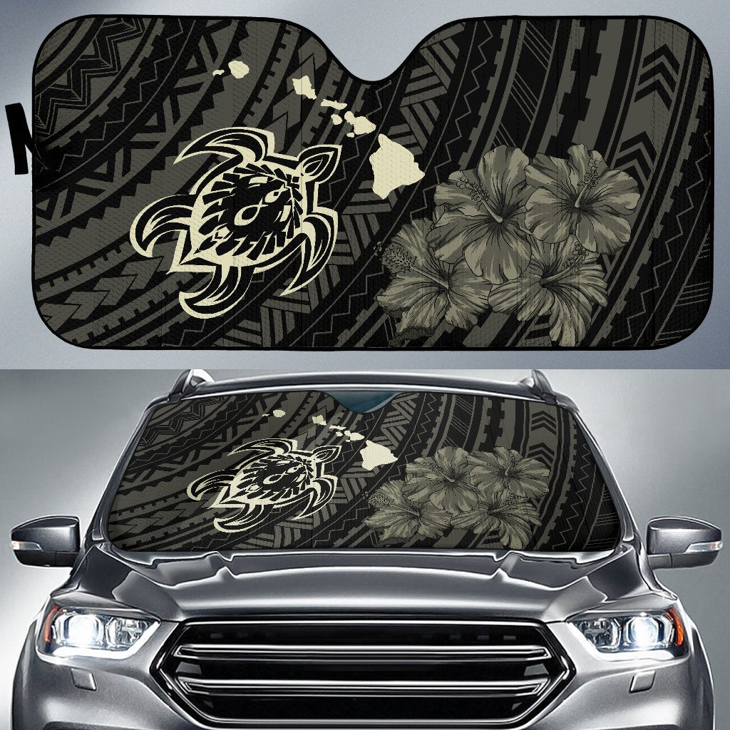 Hawaiian Hibiscus Sea Turtle Swim Polynesian Car Sun Shade - AH - Beige Auto Sun Shade Universal Fit Beige - Polynesian Pride