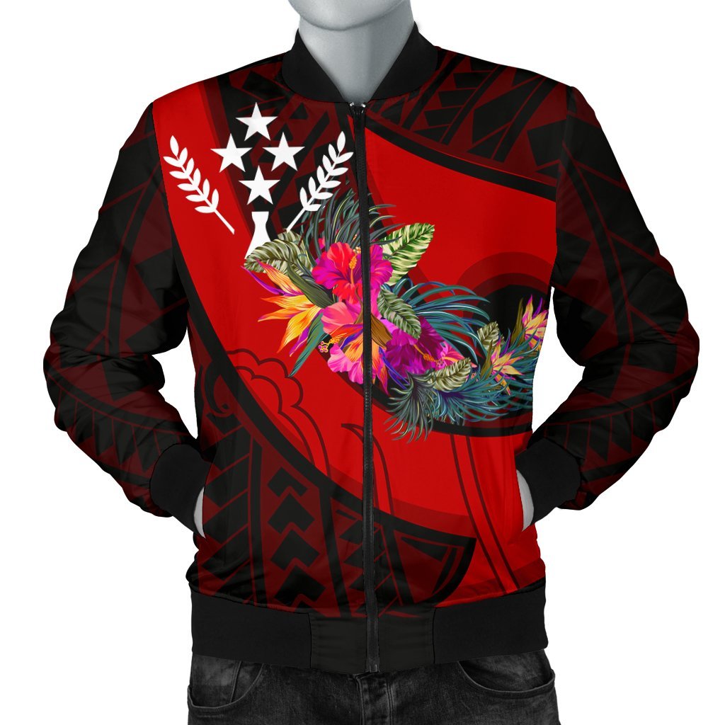 Kosrae Men's Bomber Jacket - Polynesian Hook And Hibiscus (Red) Red - Polynesian Pride