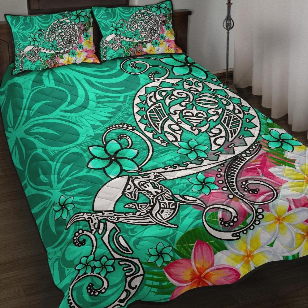 Polynesian Quilt Bed Set - Turtle Plumeria Turquoise Color Turquoise - Polynesian Pride