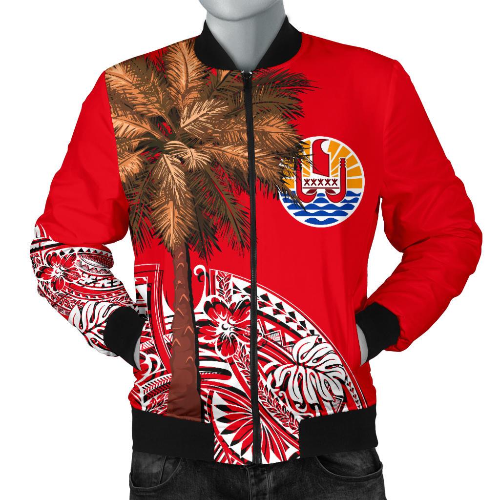 French Polynesia Men's Bomber Jacket - Palm Tree Polynesian Pattern Red - Polynesian Pride