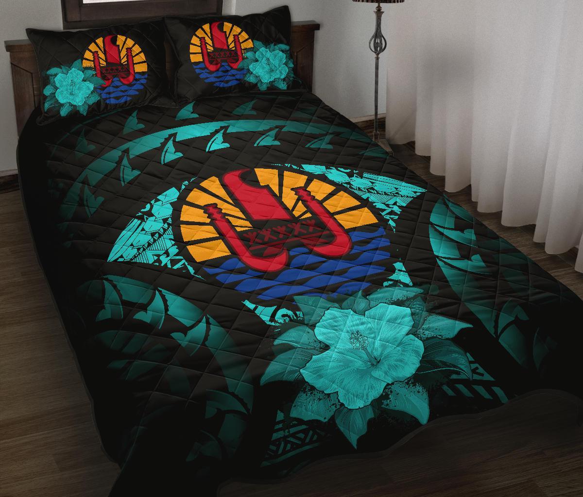 Tahiti Polynesian Quilt Bed Set Hibiscus Turquoise Black - Polynesian Pride