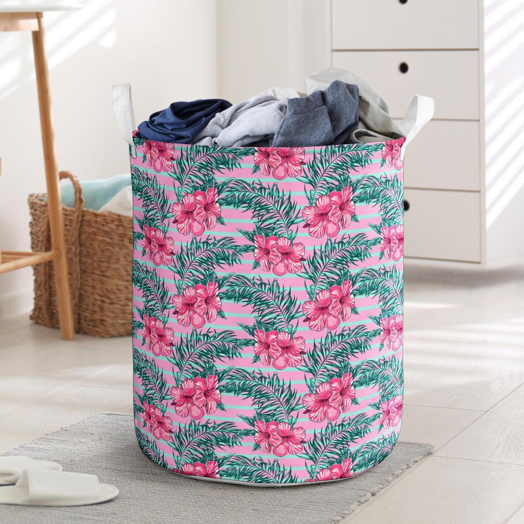 Hawaii Tropical Flowers Palm Leaves Hibiscus Strips Hawaii Laundry Basket Laundry Basket One Size Black - Polynesian Pride