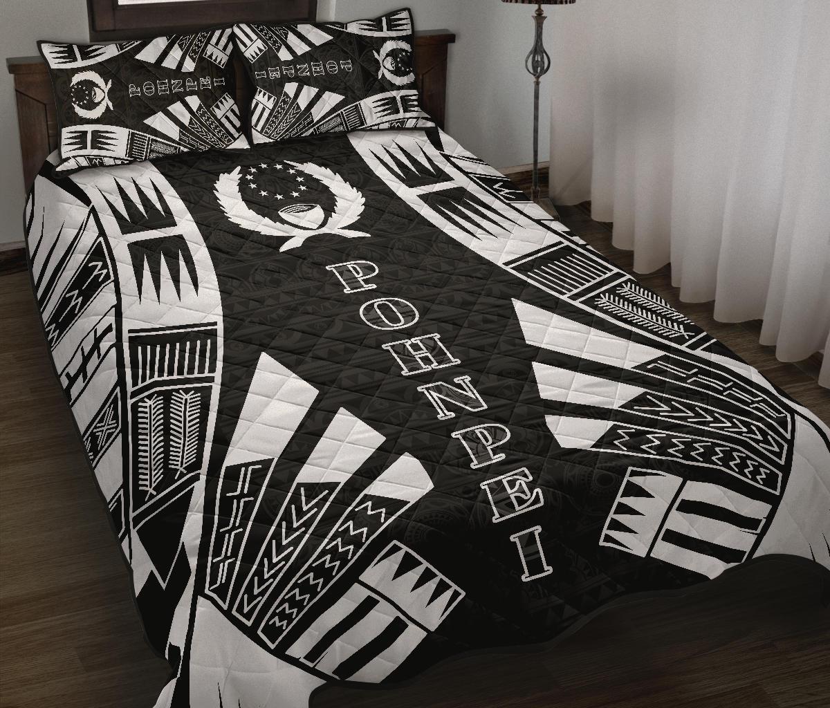 Pohnpei Quilt Bed Set - Phonpei Flag Polynesian White Tattoo Style - Polynesian Pride