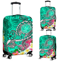 Hawaii Luggage Covers - Turtle Plumeria Polynesian Tattoo Turquoise Color - Polynesian Pride