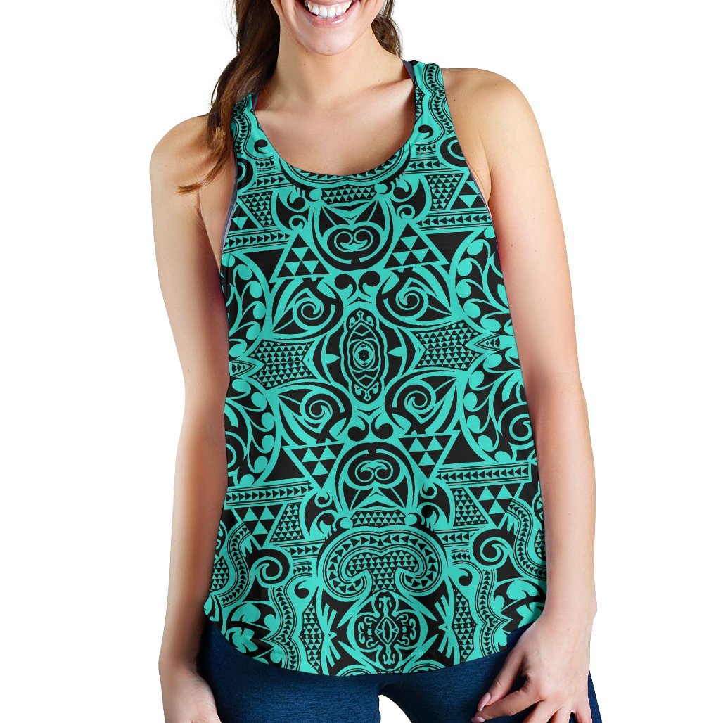 Polynesian Kakau Turtle Turquoise Women's Racerback Tank Top Turquoise - Polynesian Pride