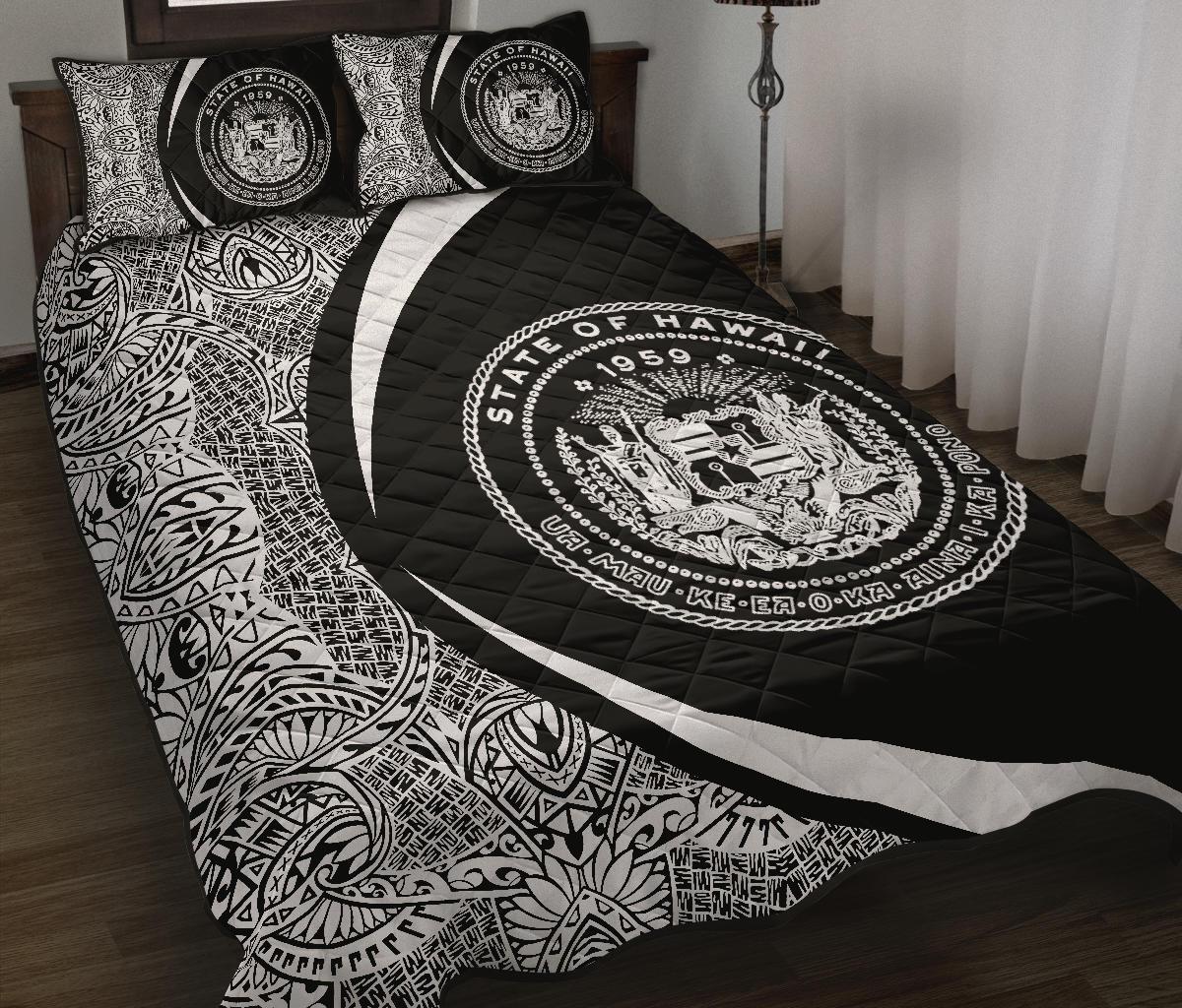 Hawaii Coat Of Arms Polynesian Quilt Bed Set - Circle Style White - Polynesian Pride