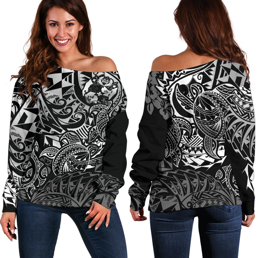 Tonga Polynesian Off Shoulder Sweater (Women) - White Turtle Flowing White - Polynesian Pride