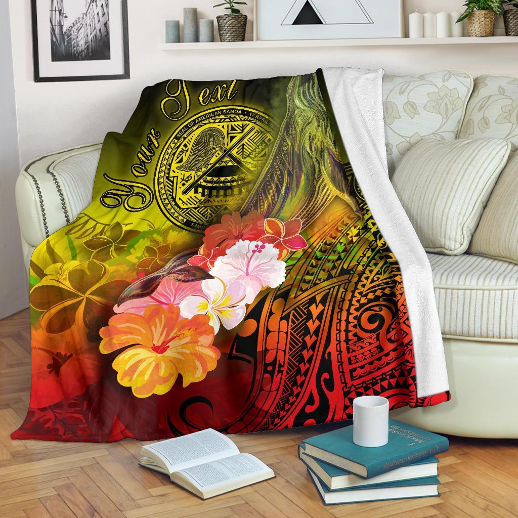 American Samoa Polynesian Custom Personalised Premium Blanket - Humpback Whale with Tropical Flowers White - Polynesian Pride