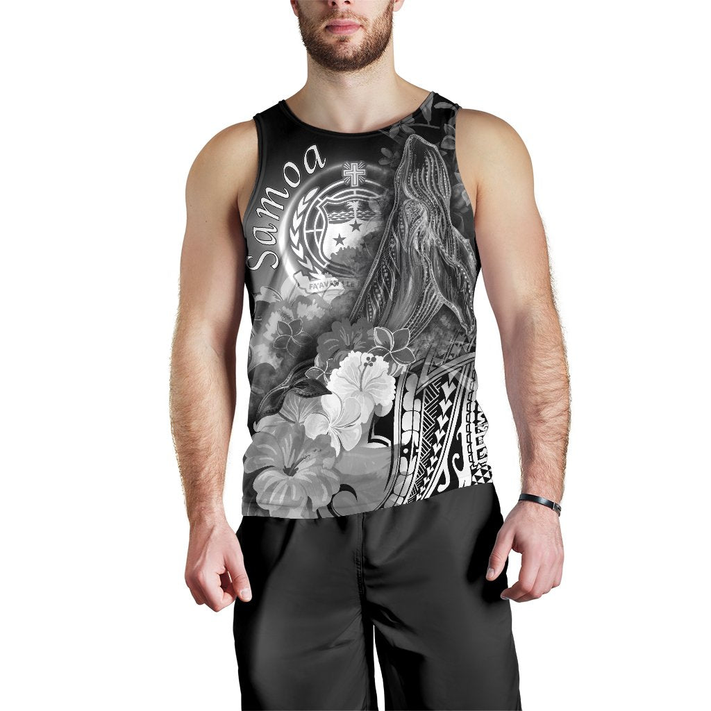 Samoa Men's Tank Top - Humpback Whale with Tropical Flowers (White) - Polynesian Pride