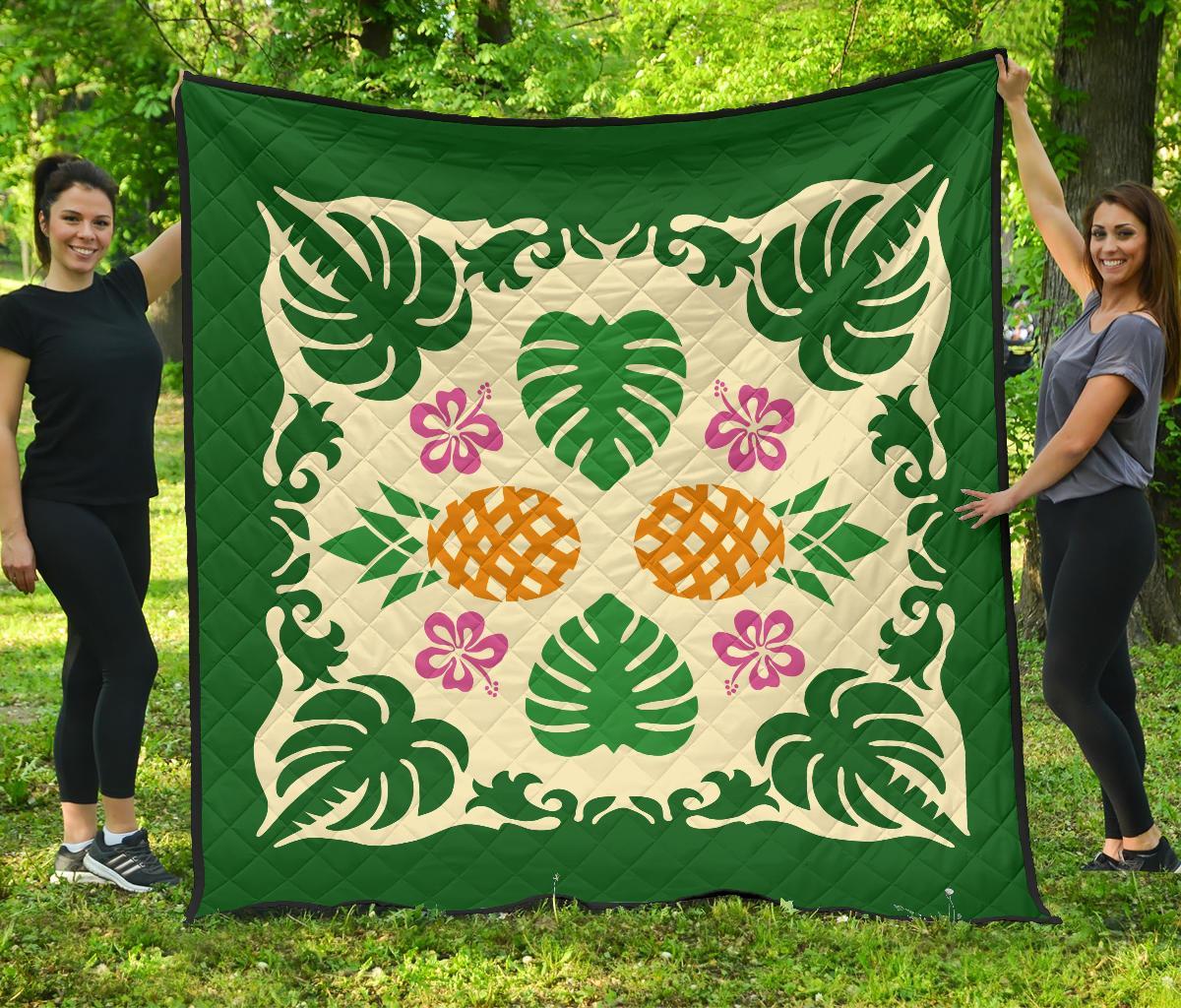 Hawaiian Pineapple Hibiscus Pattern Premium Quilt - Burgundy - Argu Style - AH Burgundy - Polynesian Pride