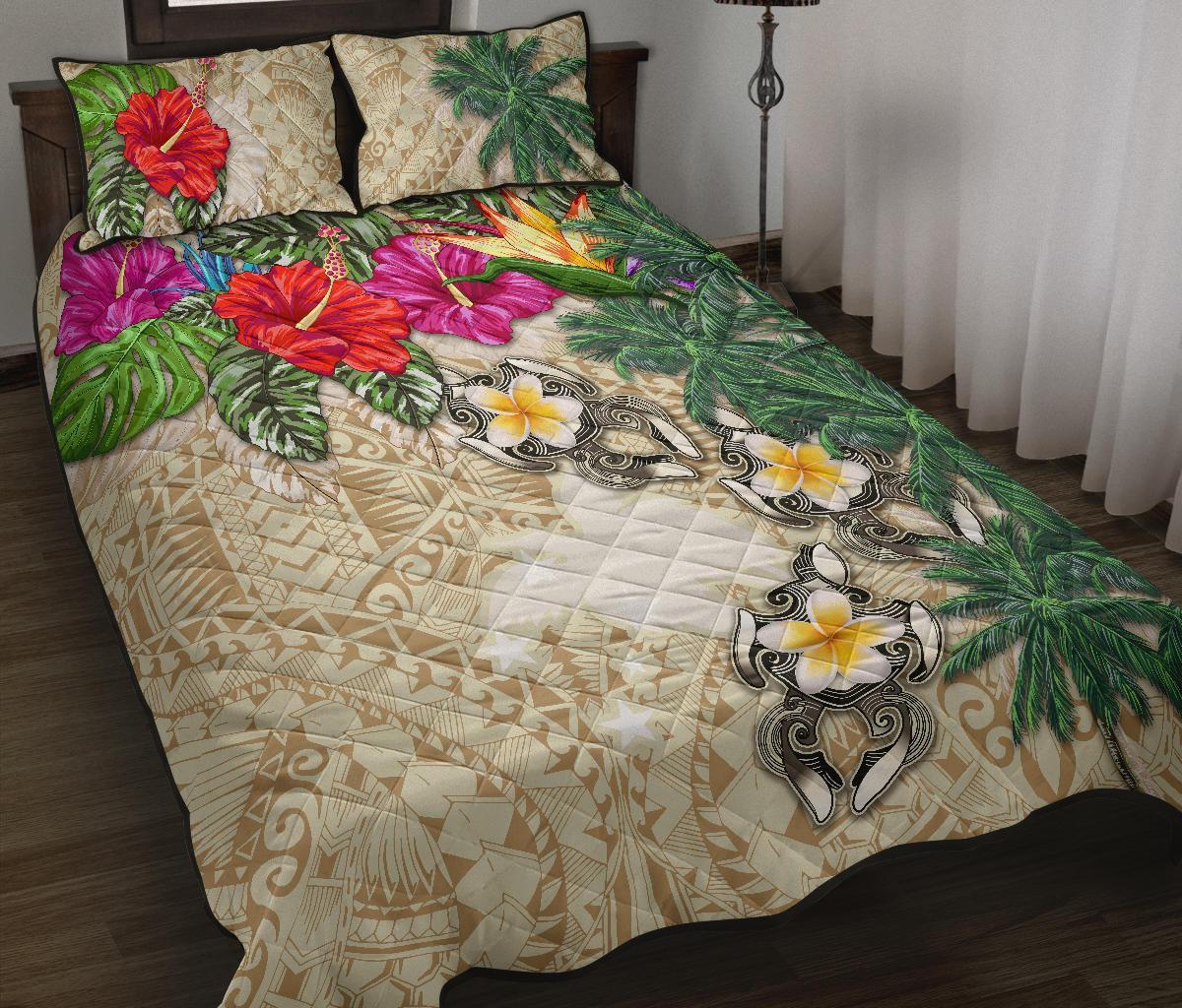 Papua New Guinea Polynesian Quilt Bed Set - Hibiscus Turtle Tattoo Beige Beige - Polynesian Pride