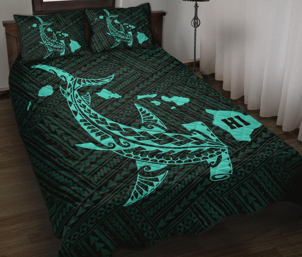 Hawaiian Map Hamerhead Shark Polynesian Quilt Bedding Set Turquoise - Polynesian Pride