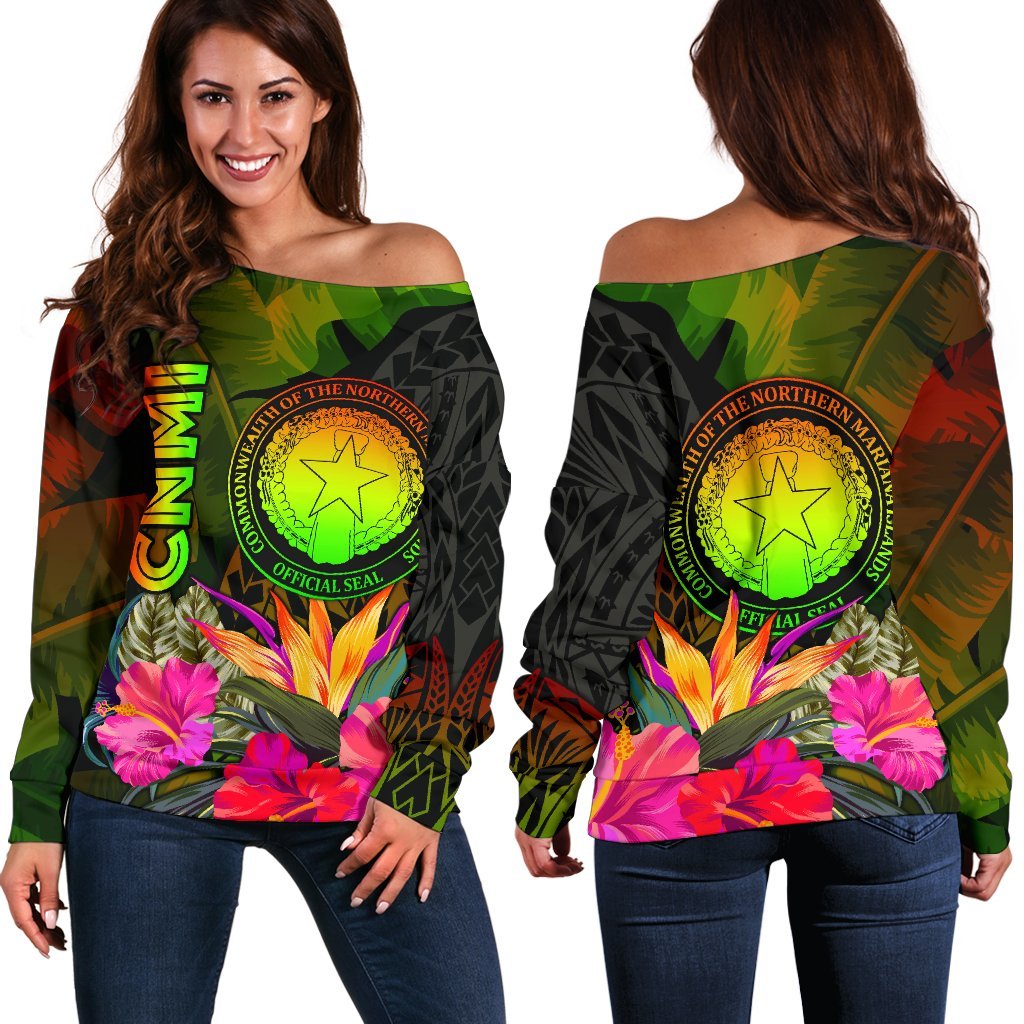 Northern Mariana Islands Polynesian Women's Off Shoulder Sweater - Hibiscus and Banana Leaves Art - Polynesian Pride