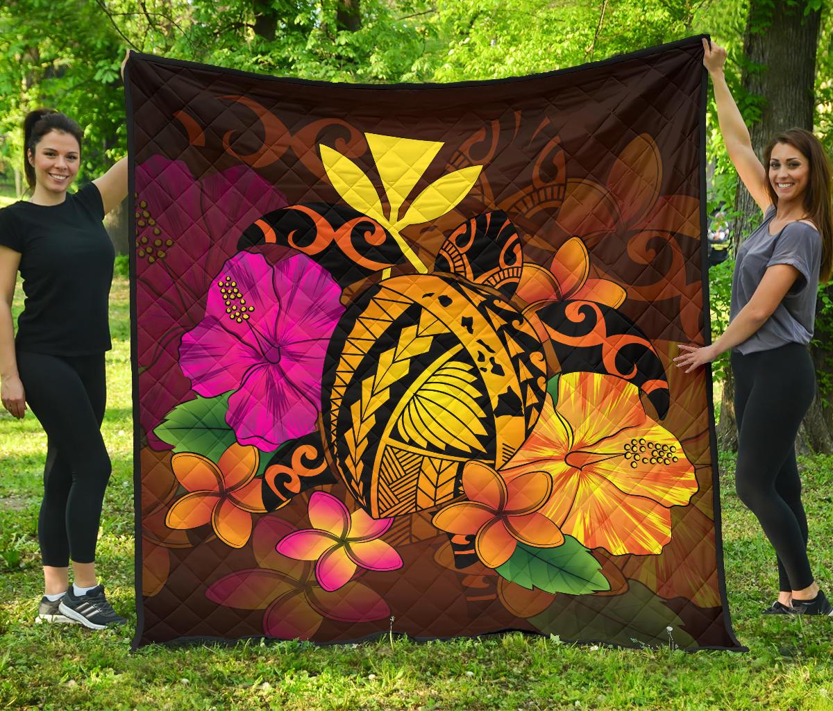 Hawaii Turtle Tribal Map Hibiscus Plumeria Premium Quilt Orange - Polynesian Pride