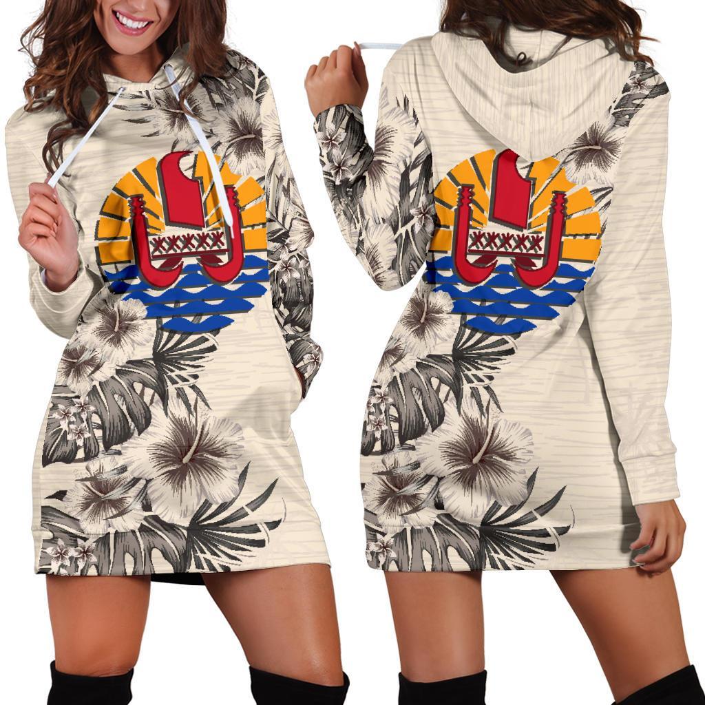 Tahiti Hoodie Dress - Tahiti Flag & Beige Hibiscus White - Polynesian Pride