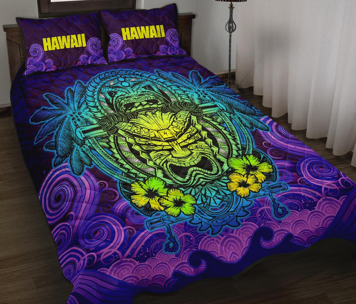 Hawaii Polynesian Quilt Bed Set - Hawaiian Green Yellow Tiki Face Purple Version Art - Polynesian Pride