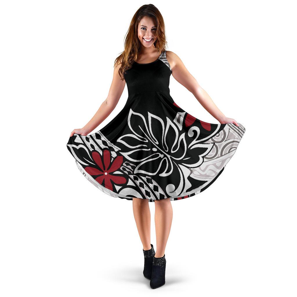 French Polynesia Midi Dress - Hibiscus Palm Leave Women Black - Polynesian Pride