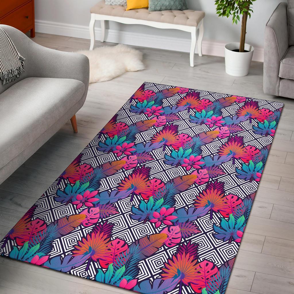 Tropical Exotic Leaves And Flowers On Geometrical Ornament. Rug Black - Polynesian Pride
