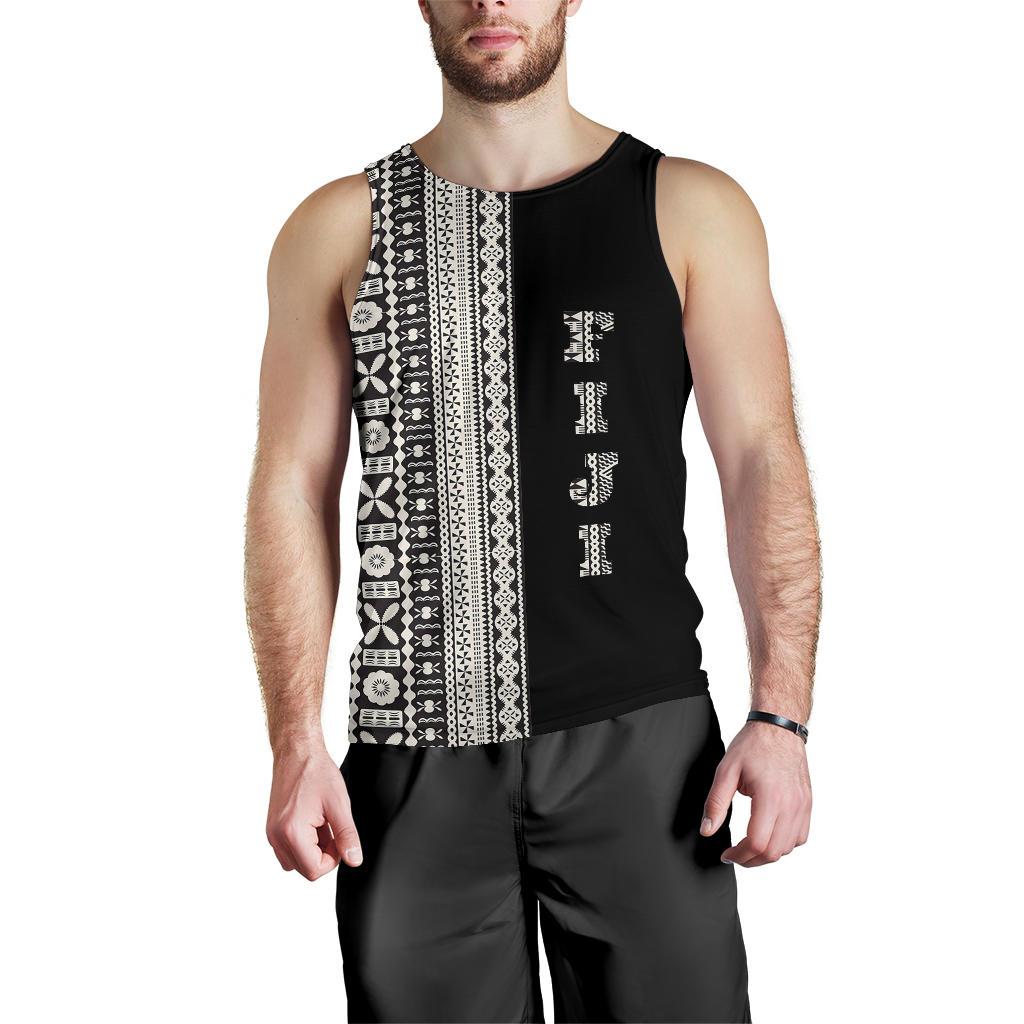 Fiji Men's Tank Top Tapa Half With Coat Of Arms TH1 Black - Polynesian Pride