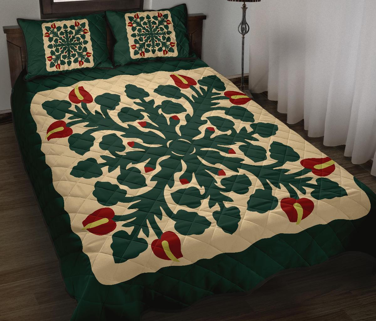 Hawaiian Quilt Anthurium Flowers Quilt Bed Set - AH Green - Polynesian Pride