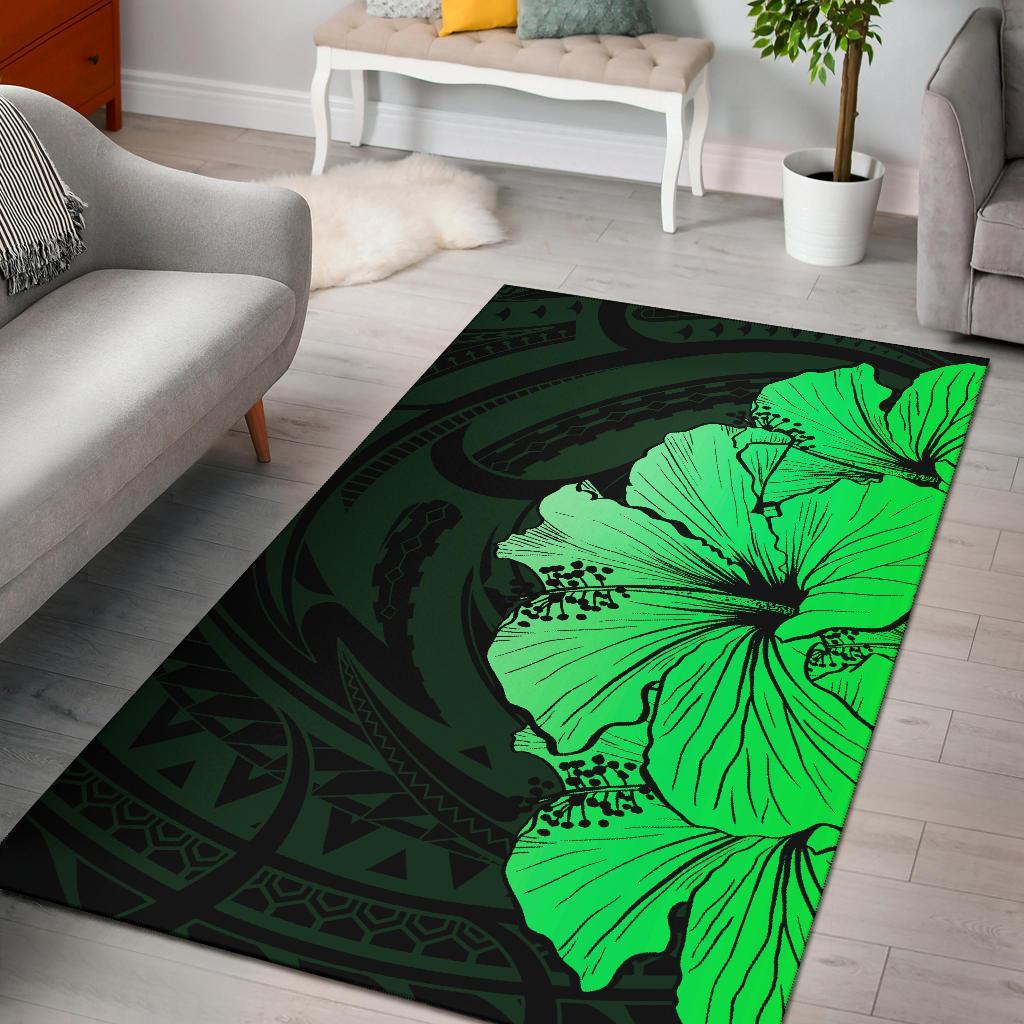 Royal Hibiscus Polynesian Tribal Area Rug Green AH Green - Polynesian Pride