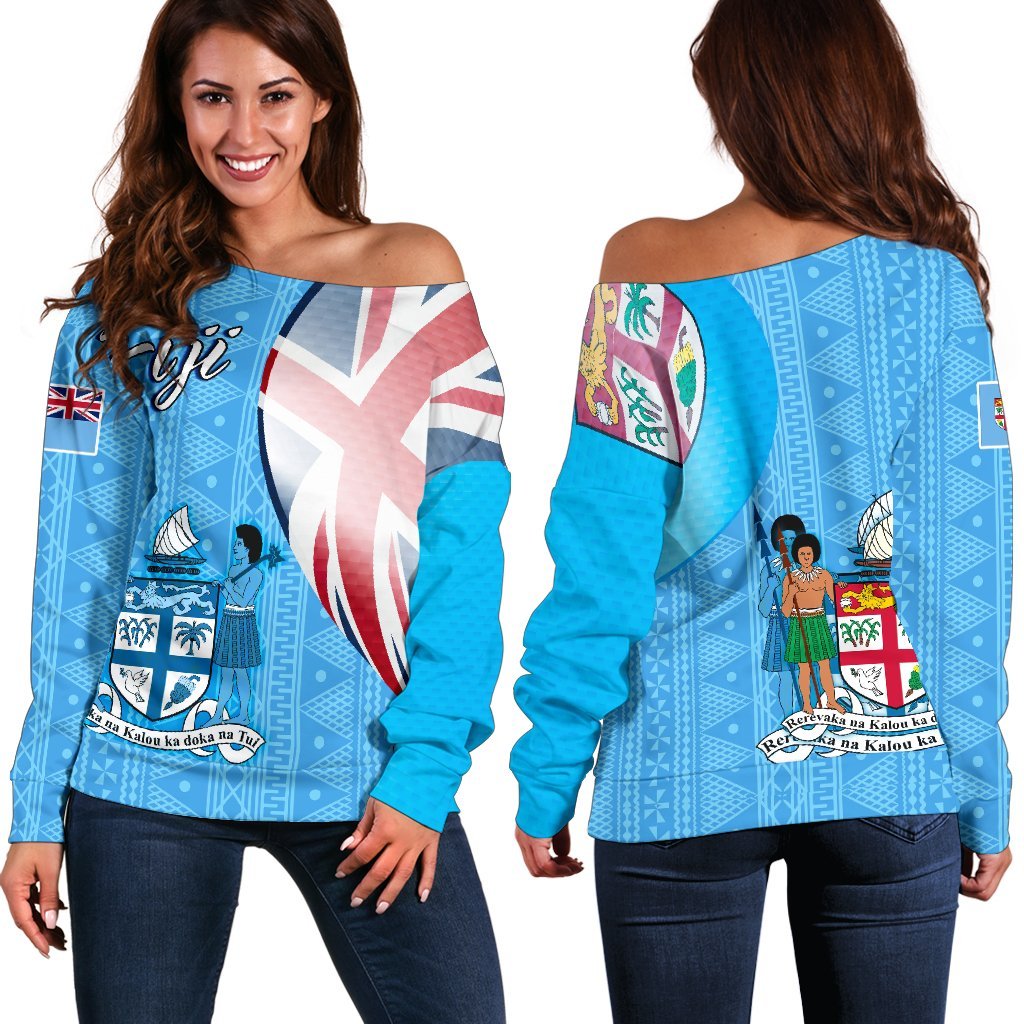 Fiji Polynesian Women's Off Shoulder Sweater - Fiji Flag Blue - Polynesian Pride