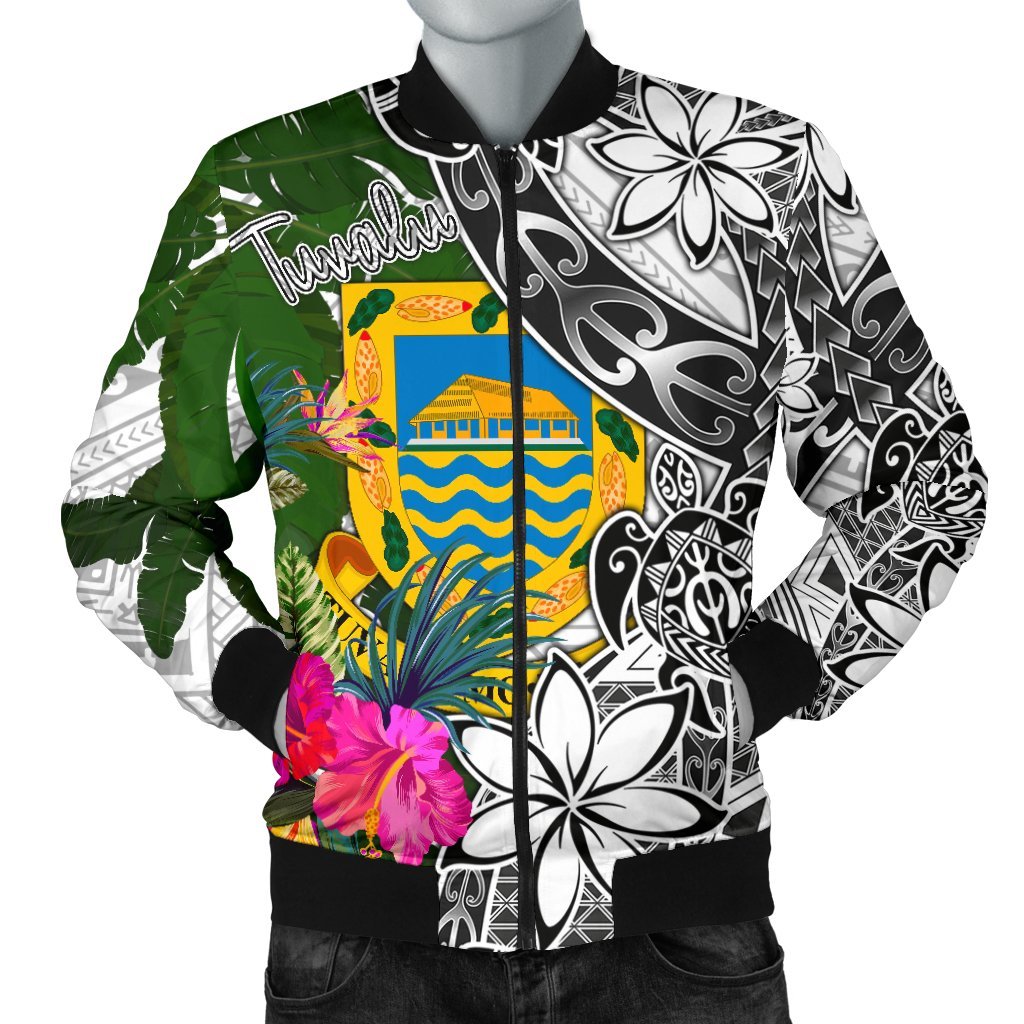 Tuvalu Men's Bomber Jacket White - Turtle Plumeria Banana Leaf White - Polynesian Pride